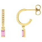 Diamond and Pink Sapphire Dangle Drop Hoop Earrings 14K Yellow Gold