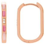 Diamond and Pink Tourmaline Elongated Oblong Hoop Earrings 14K Rose Gold