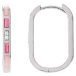 Diamond and Pink Tourmaline Elongated Oblong Hoop Earrings 14K White Gold