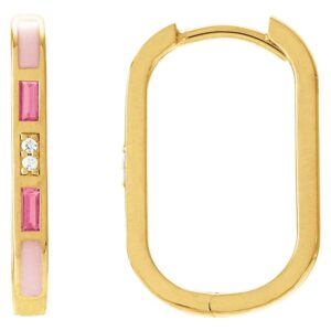 Diamond and Pink Tourmaline Elongated Oblong Hoop Earrings 14K Yellow Gold