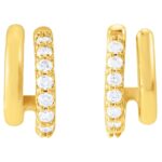 Double Stacked Diamond J-Hoop Earrings 14K Gold