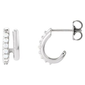 Double Stacked Natural Diamond J-Hoop Earrings 14K White Gold