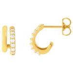 Double Stacked Natural Diamond J-Hoop Earrings 14K Yellow Gold