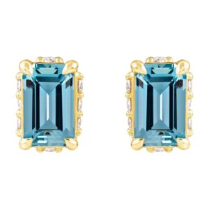 Emerald cut Aquamarine Stud Earrings with Diamond Hidden Halo in 14K Gold