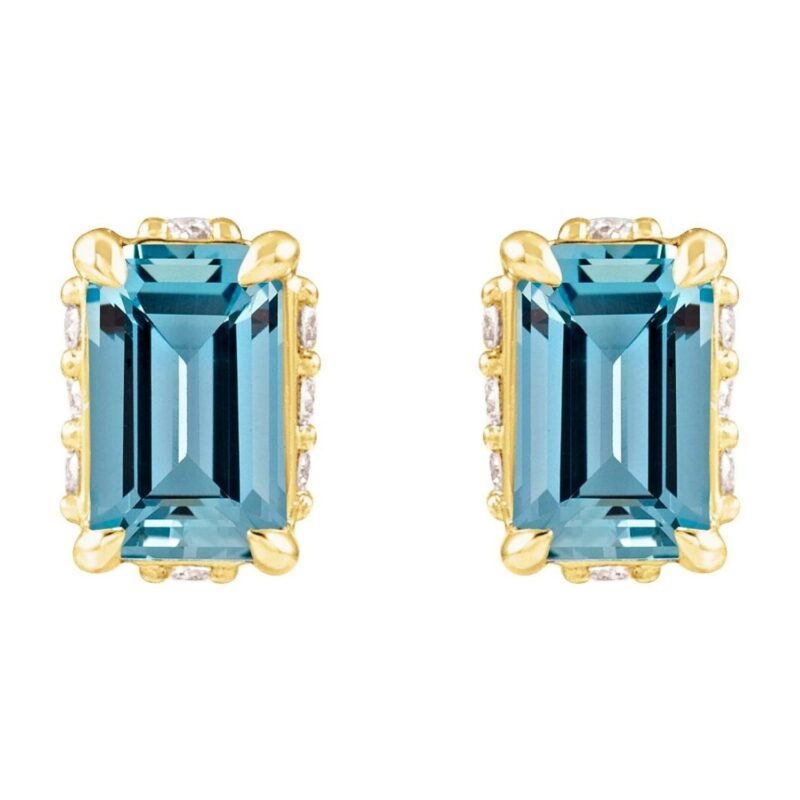 Emerald cut Aquamarine Stud Earrings with Diamond Hidden Halo in 14K Gold