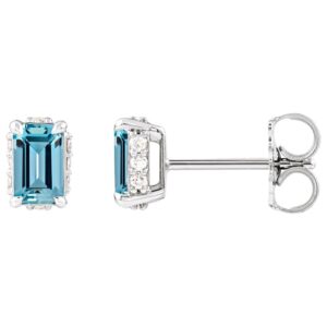 Emerald cut Aquamarine Stud Earrings with Diamond Hidden Halo in 14K White Gold
