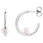 Floating Pearl Diamond Hoop Earrings 14K White Gold
