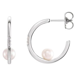 Floating Pearl Diamond Hoop Earrings 14K White Gold