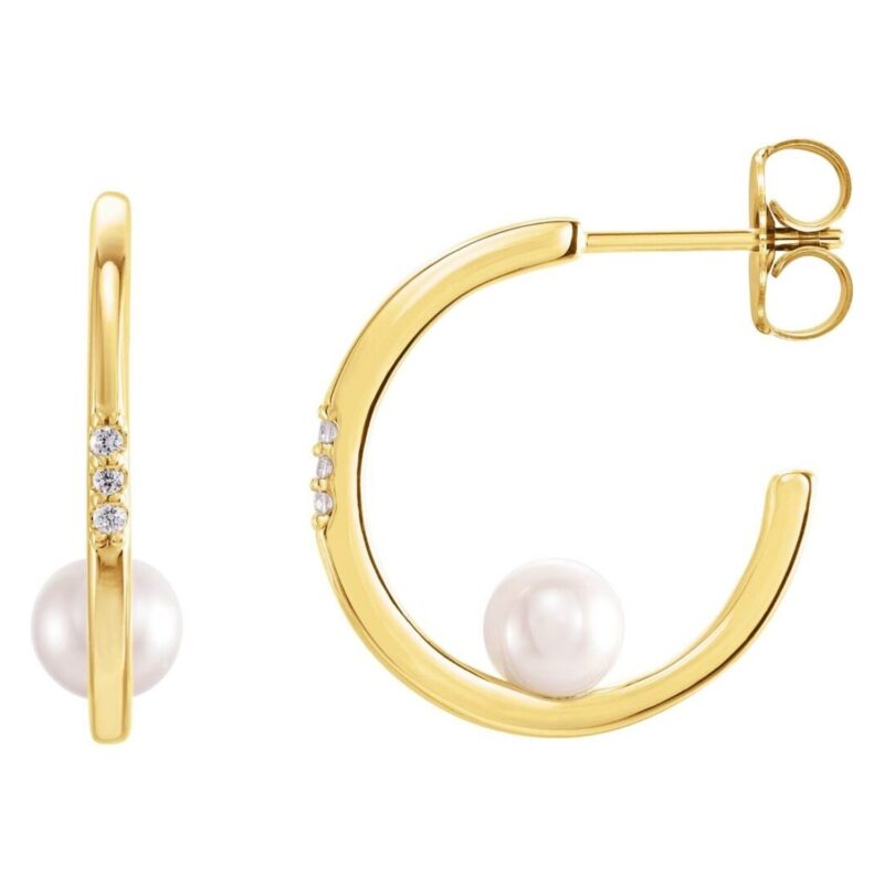 Floating Pearl Diamond Hoop Earrings 14K Yellow Gold