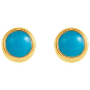 Genuine Cabochon 3mm Turquoise Stud Earrings 14K Gold