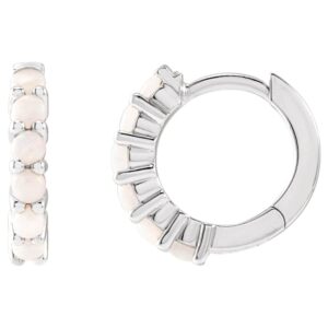 Genuine Cabochon White Opal Hoop Earrings 14K White Gold