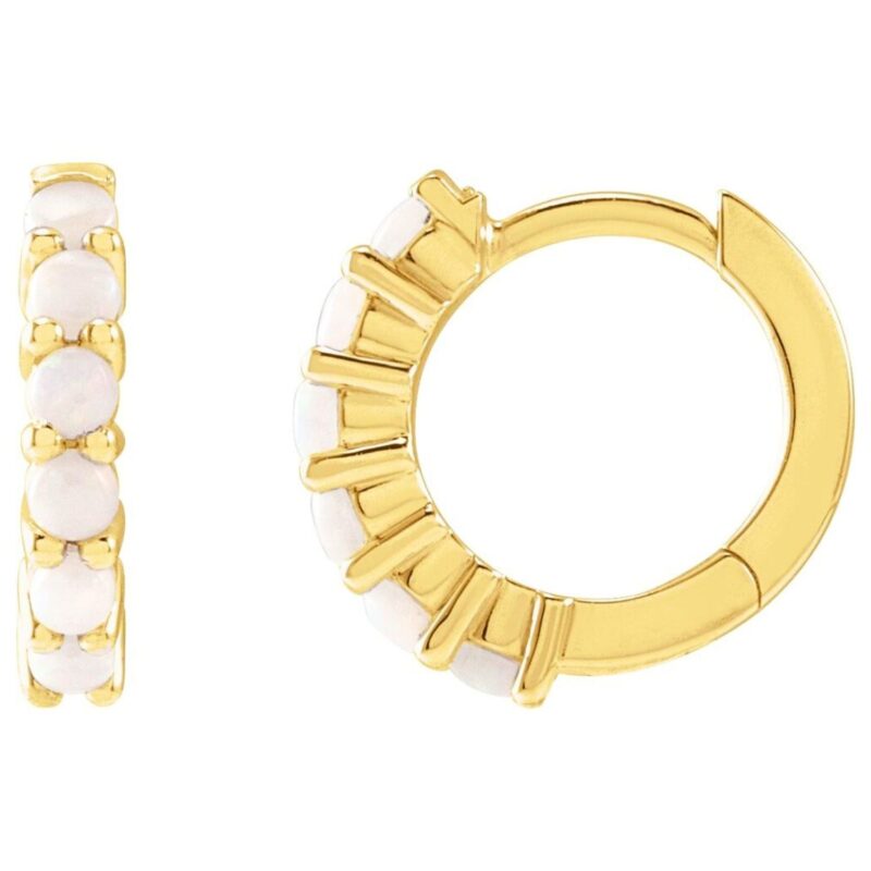 Genuine Cabochon White Opal Hoop Earrings 14K Yellow Gold