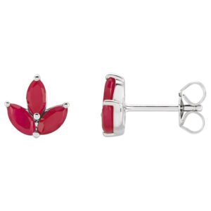 Genuine Marquise Ruby Cluster Stud Earrings 14K White Gold