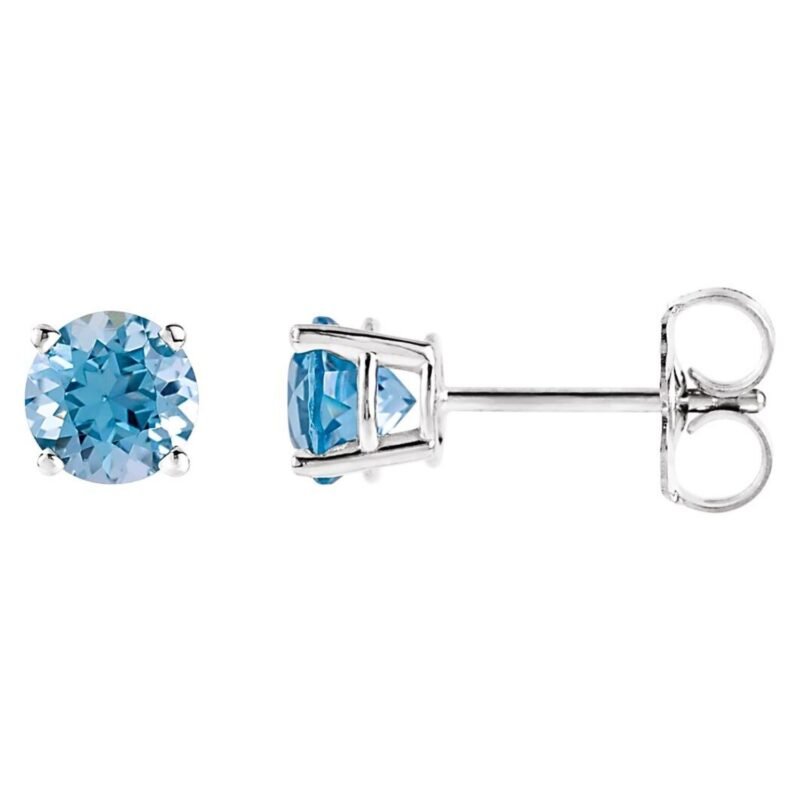 Genuine Round Aquamarine Stud Earrings 5 mm 14K White Gold