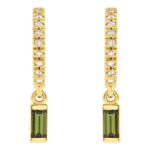 Green Tourmaline Dangle Drop Diamond Hoop Earrings 14K Gold