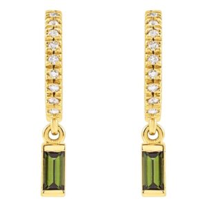 Green Tourmaline Dangle Drop Diamond Hoop Earrings 14K Gold