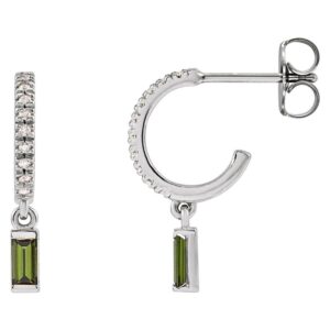 Green Tourmaline Dangle Drop Diamond Hoop Earrings 14K White Gold
