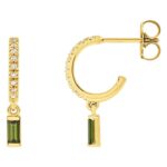 Green Tourmaline Dangle Drop Diamond Hoop Earrings 14K Yellow Gold