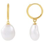 Large Keshi Pearl Drop Hoop Earrings 14K Yellow Gold
