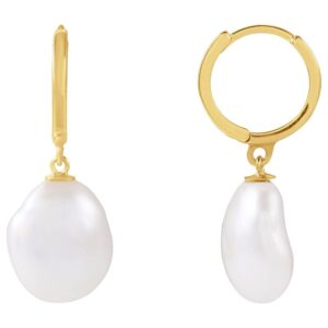 Large Keshi Pearl Drop Hoop Earrings 14K Yellow Gold