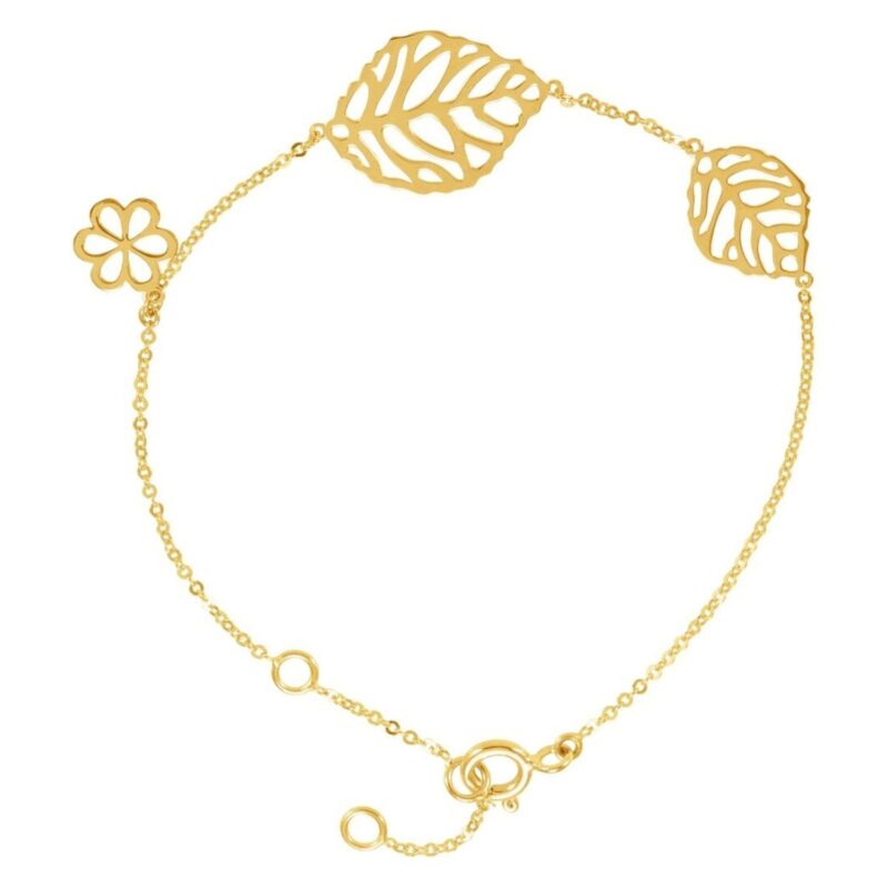 Leaves and Flower Charm Bracelet 14K Yellow Gold
