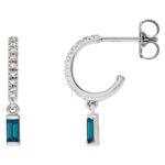 London Blue Topaz Dangle Diamond Hoop Earrings 14K White Gold