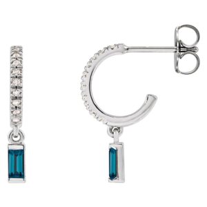 London Blue Topaz Dangle Diamond Hoop Earrings 14K White Gold