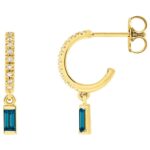 London Blue Topaz Dangle Diamond Hoop Earrings 14K Yellow Gold