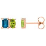 London Blue Topaz and Peridot Two Stone Stud Earrings 14K Rose Gold