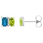 London Blue Topaz and Peridot Two Stone Stud Earrings 14K White Gold