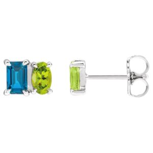 London Blue Topaz and Peridot Two Stone Stud Earrings 14K White Gold