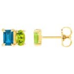 London Blue Topaz and Peridot Two Stone Stud Earrings 14K Yellow Gold