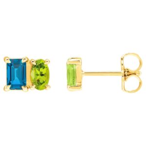 London Blue Topaz and Peridot Two Stone Stud Earrings 14K Yellow Gold