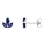 Marquise Blue Sapphire Lotus Cluster Stud Earrings 14K White Gold