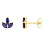 Marquise Blue Sapphire Lotus Cluster Stud Earrings 14K Yellow Gold