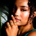 Model Wearing 14K White Gold Snake Ring with Emerald