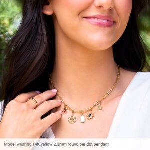 Model Wearing Green Peridot Lime Wedge Charm Pendant 14K Gold