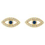 Natural Blue and White Sapphire Evil Eye Stud Earrings 14K Gold