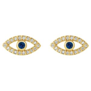 Natural Blue and White Sapphire Evil Eye Stud Earrings 14K Gold