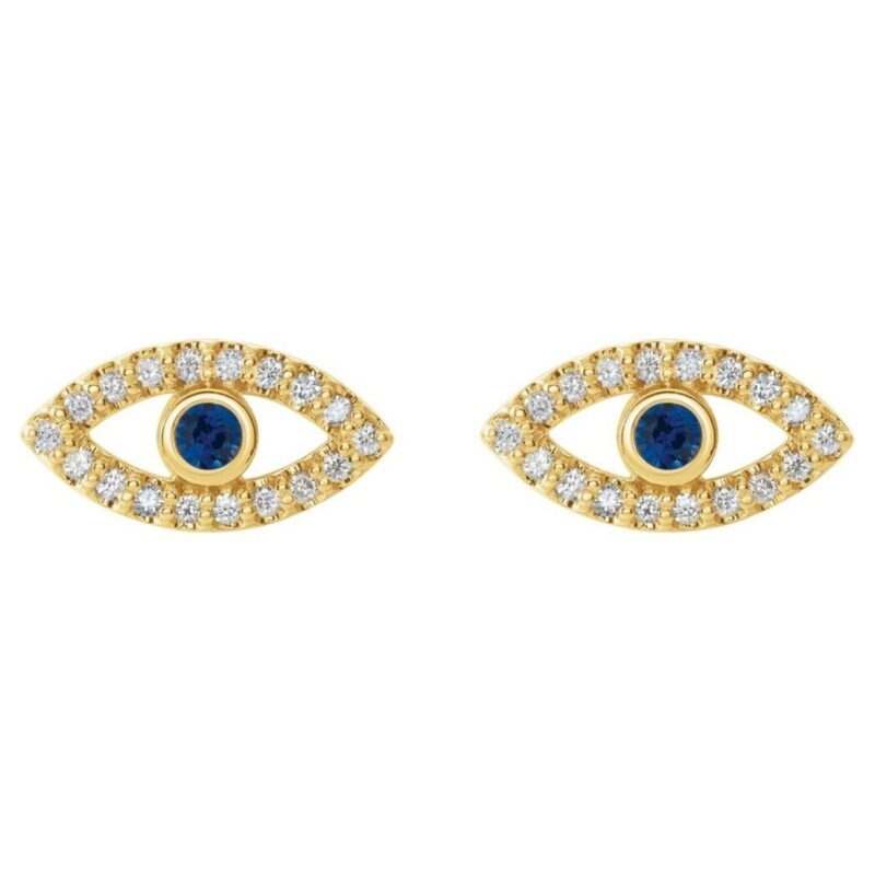 Natural Blue and White Sapphire Evil Eye Stud Earrings 14K Gold