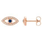 Natural Blue and White Sapphire Evil Eye Stud Earrings 14K Rose Gold