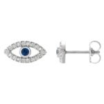 Natural Blue and White Sapphire Evil Eye Stud Earrings 14K White Gold