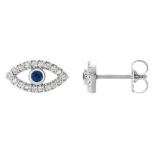 Natural Blue and White Sapphire Evil Eye Stud Earrings 14K White Gold