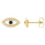 Natural Blue and White Sapphire Evil Eye Stud Earrings 14K Yellow Gold