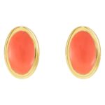 Natural Cabochon Pink Coral Stud Earrings 14K Gold
