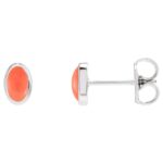Natural Cabochon Pink Coral Stud Earrings 14K White Gold