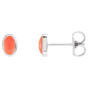 Natural Cabochon Pink Coral Stud Earrings 14K White Gold