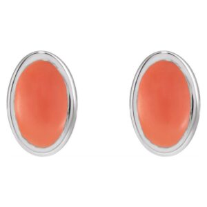 Natural Cabochon Pink Coral Stud Earrings Sterling Silver