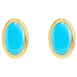 Natural Oval Cabochon Turquoise Stone Stud Earrings 14K Gold