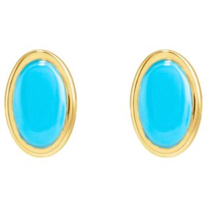Natural Oval Cabochon Turquoise Stone Stud Earrings 14K Gold